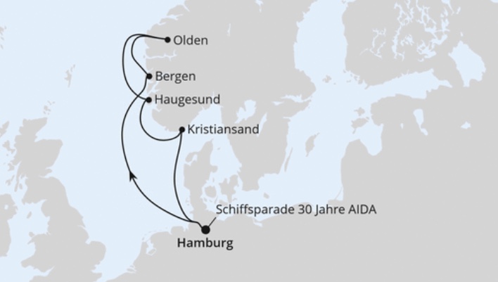 Routenkarte AIDAprima 30 Jahre AIDA